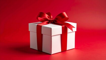 Obraz premium White Gift Box with Red Ribbon and Bow on Red Background. 
