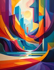 Abstract cityscape, vibrant colors with a sun in the distance