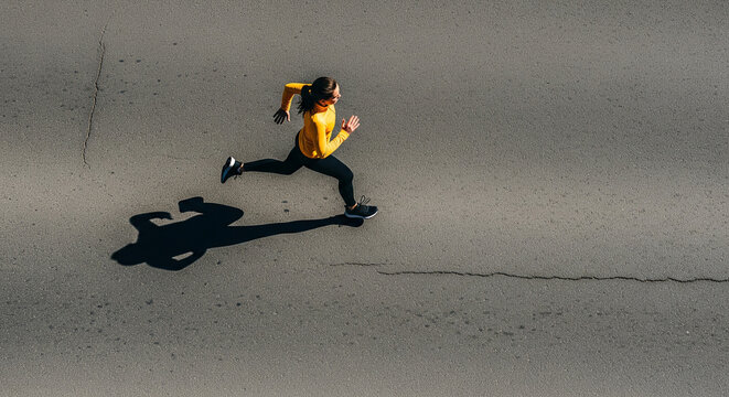 Top view of athletic woman running on city road with long shadow