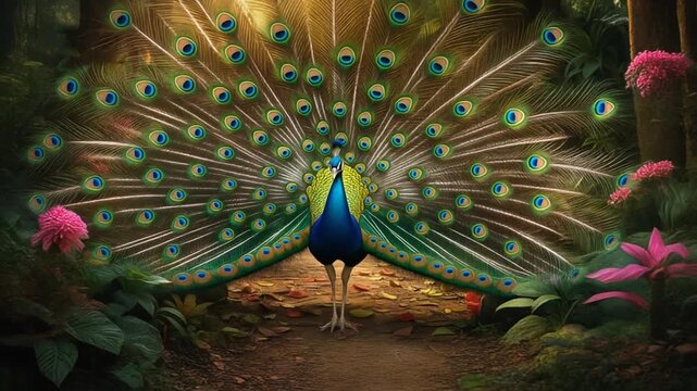 ein Pfau mit buntem Gefieder der seine Schwanzfedern zu einem Rad &ouml;ffnet