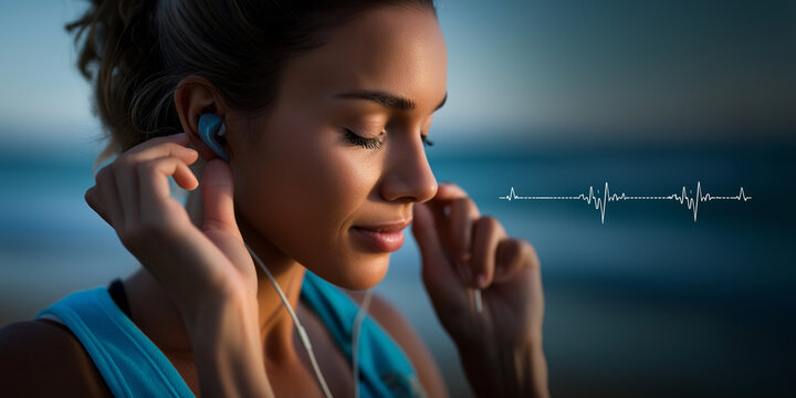 Junge Frau mit Kopfhörern berührt ihr Ohr vor blauem Hintergrund mit Schallwellen - Powered by Adobe