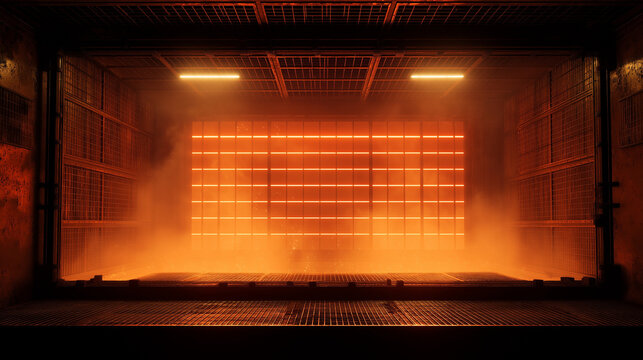 Mysterious industrial chamber bathed in vibrant orange light and diffused smoke