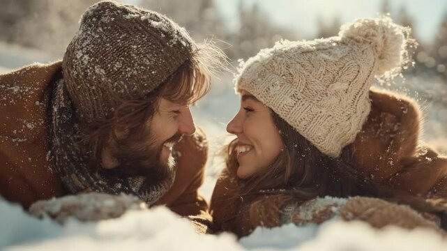 A couple in warm winter clothes lying close in the snow, smiling at each other under knit hats.