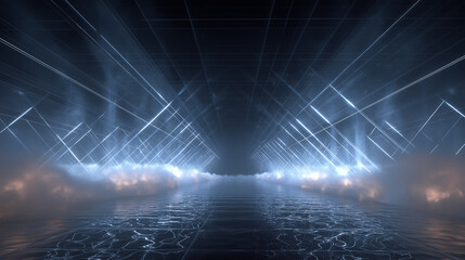 Abstract futuristic corridor with glowing lights and smoky atmosphere.