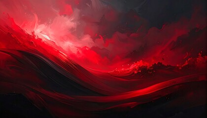 Abstract crimson artwork featuring flowing, textured waves and fiery clouds