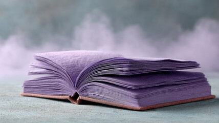 Open purple book with foggy background
