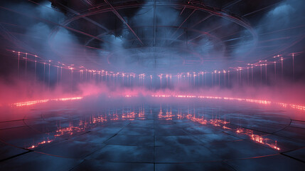 Fototapeta premium Futuristic circular space with pink lights reflecting in a polished floor