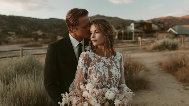 A bride in a lace wedding dress holds a bouquet as a groom kisses her on a dusty desert path.