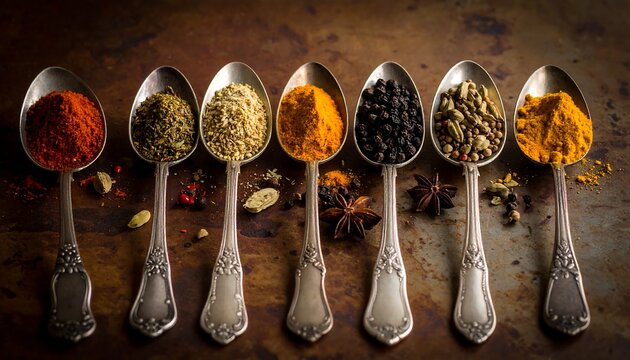 Assortment of colorful spices meticulously arranged on ornate spoons