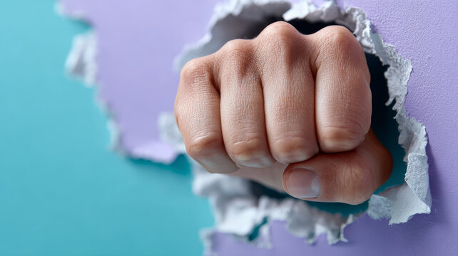 Fist breaking through purple wall showing power and determination.