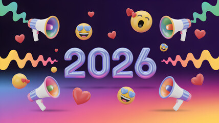 3D Metallic 2026 Typography with Emojis and Megaphones – Fun Social Media Celebration Design
