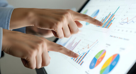 Business professionals analyzing data charts on touchscreen monitor  