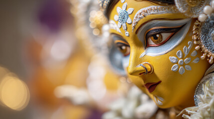 Naklejka premium Close up of durga idol face with intricate details and decorations