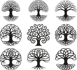 Collection of stylized tree of life illustrations