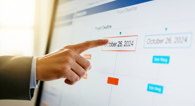 Businessman pointing at project deadline on digital display screen  