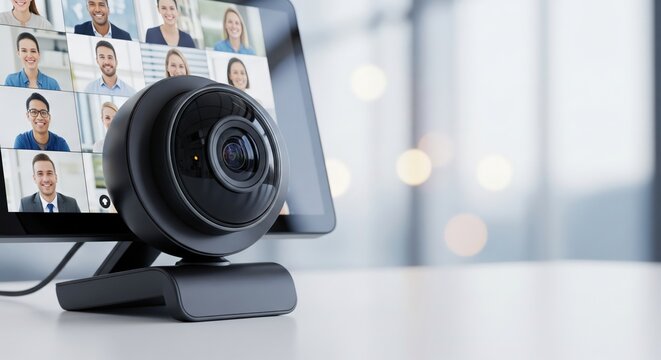 Webcam on desk with monitor displaying video conference participants  
