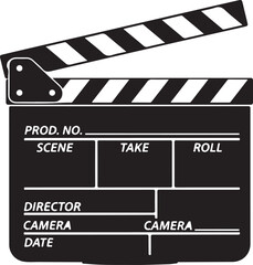 Black and white film clapperboard with white text movie cinema