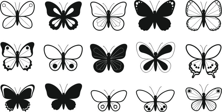 Black and white butterfly collection, decorative insect silhouette, symmetrical wing patterns, ornamental vector design, cad drawing flat vector illustration