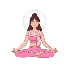 Serene Woman in Pink Attire Meditating With Eyes Closed and Hands in Mudra Pose With Aura Above Head During Calm Atmosphere With Soft Lighting