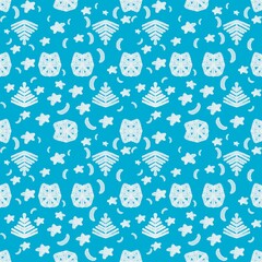 Seamless fabric pattern, purple, orange, white, snow, Christmas, moon, stars, flowers, white, blue background 