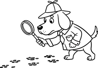 Black and white cartoon detective dog, cute puppy investigator, magnifying glass searching paw prints, mystery animal illustration, detective hat and coat