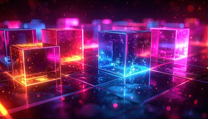 Abstract glowing geometric cubes in futuristic digital space.