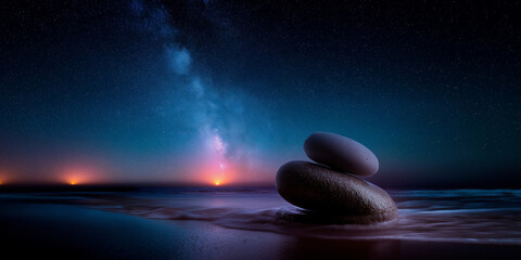 Gestapelte Steine am Wasser unter Sternenhimmel und Milchstraße in der Dämmerung