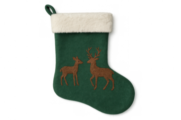 Green felt christmas stocking featuring deer family embroidery and white fluffy cuff, celebrating winter holidays and traditions
