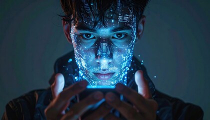 Futuristic man face illuminated by glowing blue digital technology interface.