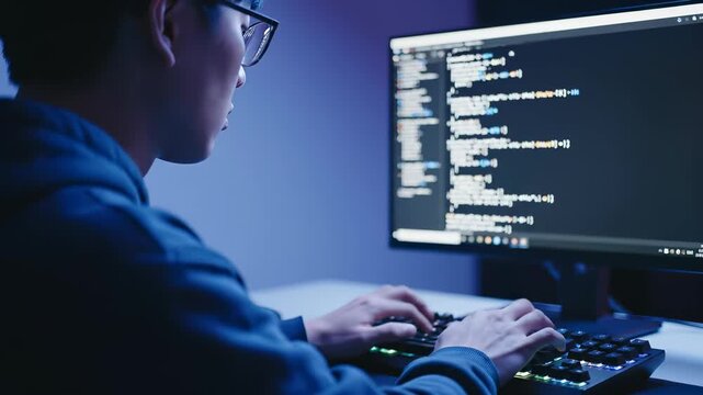 Digital Domain: Focused programmer meticulously navigates lines of code, crafting the digital realm from the command center.