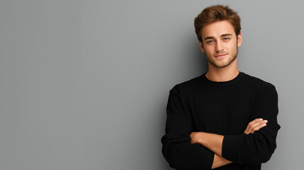Young handsome man with arms crossed against a gray background