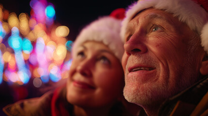Couple admiring massive Christmas light display, wearing matching Santa hats, reflections of colorful lights on faces, awe and wonder expressions, nighttime magic, bokeh effect, romantic ambiance