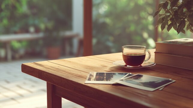 Cozy Scene with Coffee, Books, and Photos on a Sunlit Wooden Table