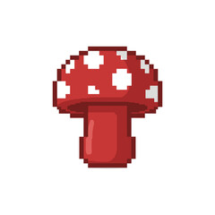 Obraz premium Pixelated Red Mushroom With White Spots Against Black Background Simple Flat Design Retro Video Game Style
