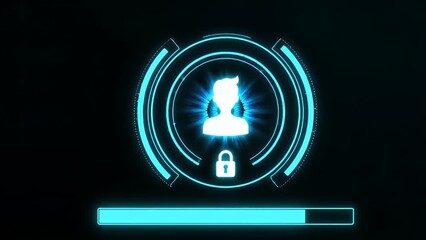 An animated digital interface shows user authentication with a glowing icon and a loading progress bar - Powered by Adobe