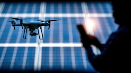 Drone inspecting solar panel array with technician controlling device and warm light reflection