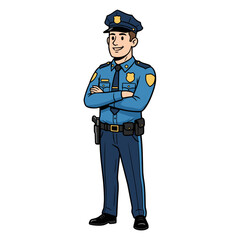 Policeman In Full Uniform Standing With Arms Crossed On A White Background Flat Vector Illustration