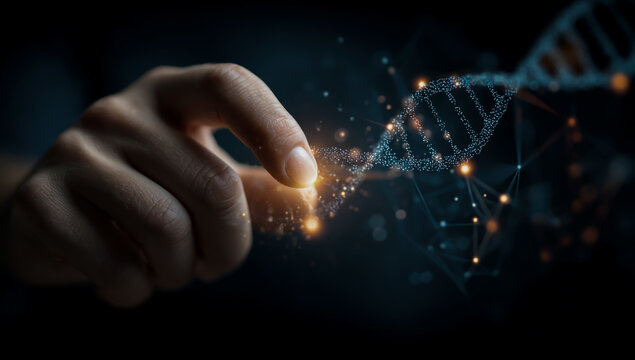 Close up of a human hand touching a glowing digital helix with sparkling particles