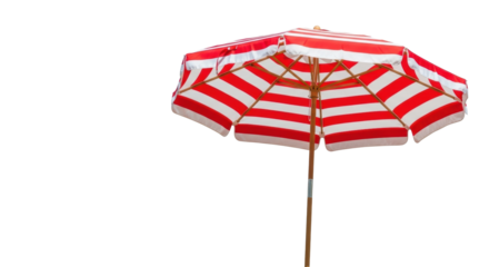 Bright red and white striped beach umbrella with a wooden pole, fully extended, isolated against a transparent background with ample copy space, high-key studio product photography concept for