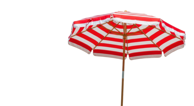 Bright red and white striped beach umbrella with a wooden pole, fully extended, isolated against a transparent background with ample copy space, high-key studio product photography concept for
