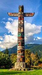 A towering, vibrantly colored tribal totem pole against a cloudy sky