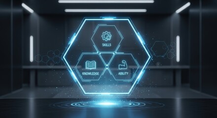 Futuristic Tech Center, Modern holographic interface managing analytics and security data