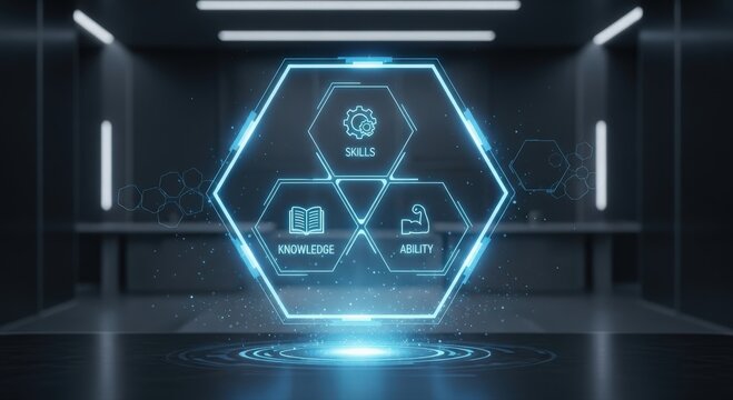 Futuristic Tech Center, Modern holographic interface managing analytics and security data