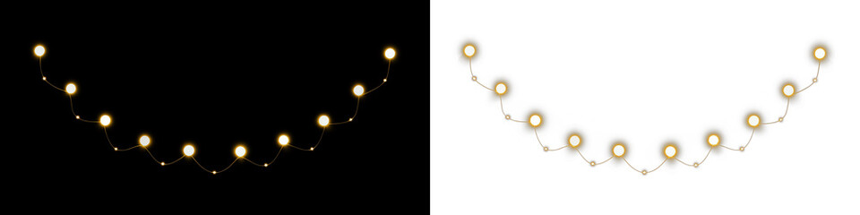 Decorative string lights mock up with warm glowing bulbs on a transparent background, ideal for festive occasions and creative design projects with copy space