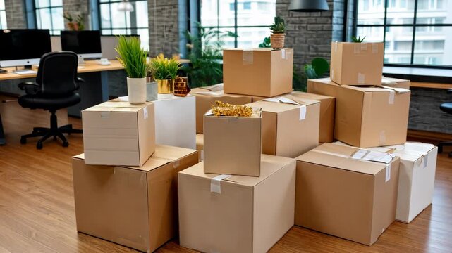 Packages stacked in an office space ready for delivery during afternoon work hours