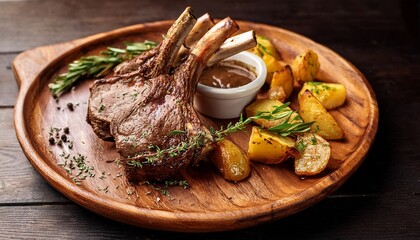 roasted rack of lamb with roasted potatoes herbs and gravy on wooden plate delicious food photography for recipe websites or cookbooks