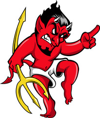 Angry Red Devil Cartoon Mascot with Trident