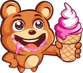 Happy Bear Holding Ice Cream Cartoon Mascot