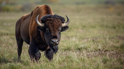 Majestic Bison on Prairie: A powerful bison stands confidently in a vast, grassy prairie, its imposing presence a symbol of wilderness and resilience.