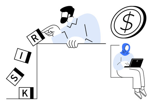 Man arranging risk blocks as a woman works remotely on a laptop, accompanied by currency imagery. Ideal for finance, decision-making, teamwork, investment, risk management, business strategy, simple